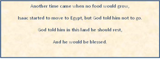 Isaac makes plans to go to Egypt to get food but he is told not to by God.
